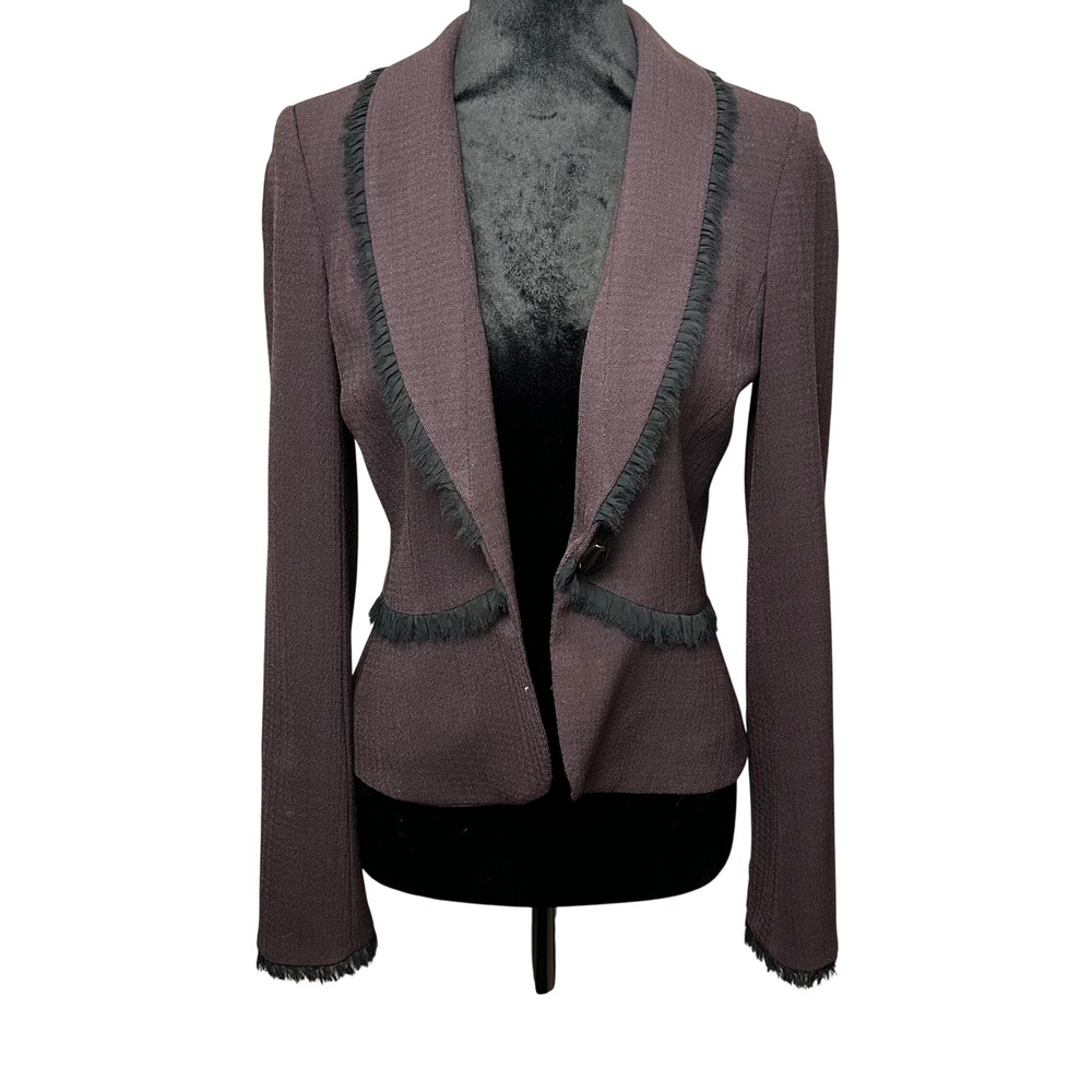 Aura Women's Purple Wool-Blend Blazer Chiffon Ruffle Trim Size 4 Small‎